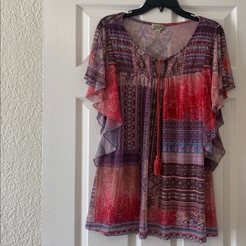 Bohemian Women’s Tie-Front Flutter Sleeve Blouse in Coral and Purple